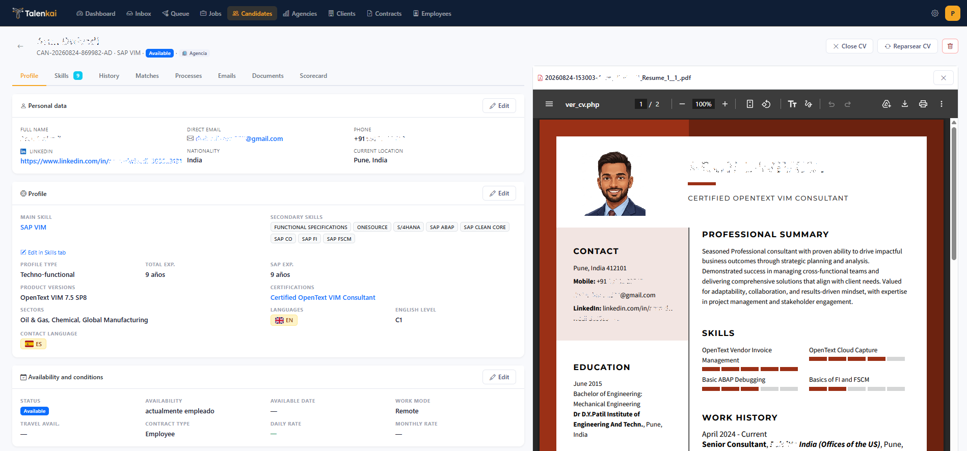 Talenkai candidate profile with CV