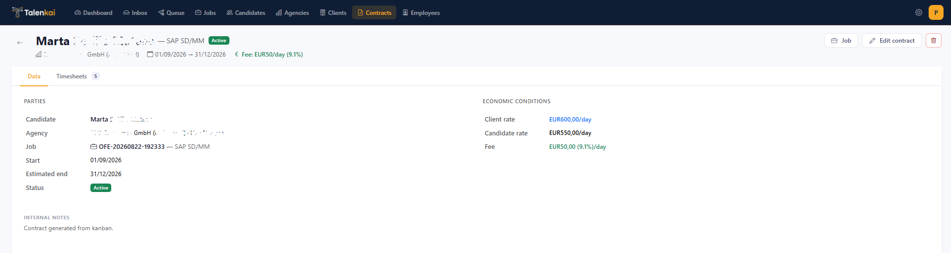 Talenkai contract with rates and fee
