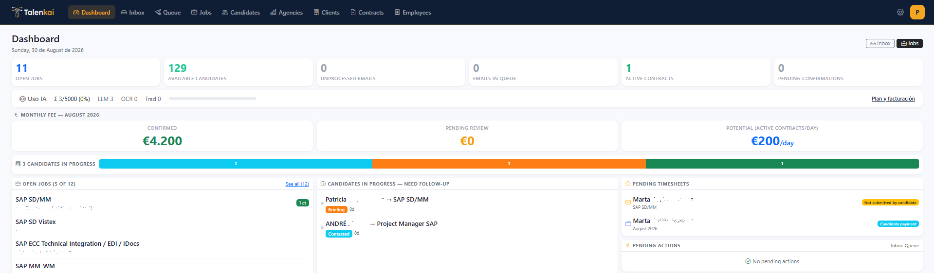 Talenkai recruiting dashboard with KPIs and monthly fee