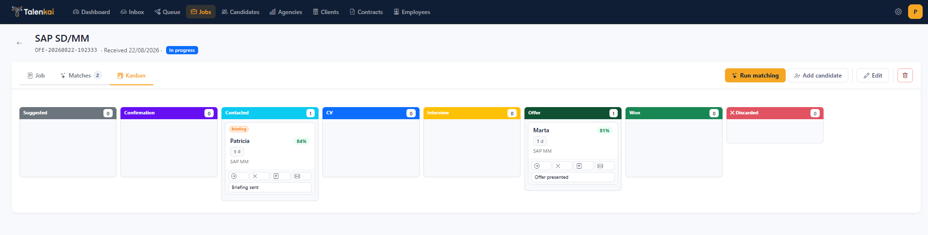 Talenkai kanban board for a job