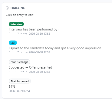 Talenkai match activity timeline
