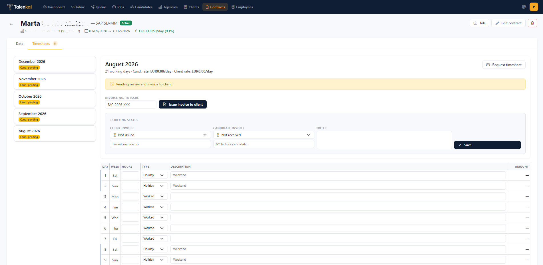 Talenkai monthly timesheet and invoice status